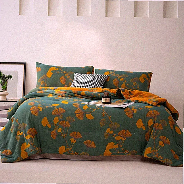 100% Cotton Muslin Jacquard Comforter Set, Floral Ginkgo Leaves Print, Soft Ligh