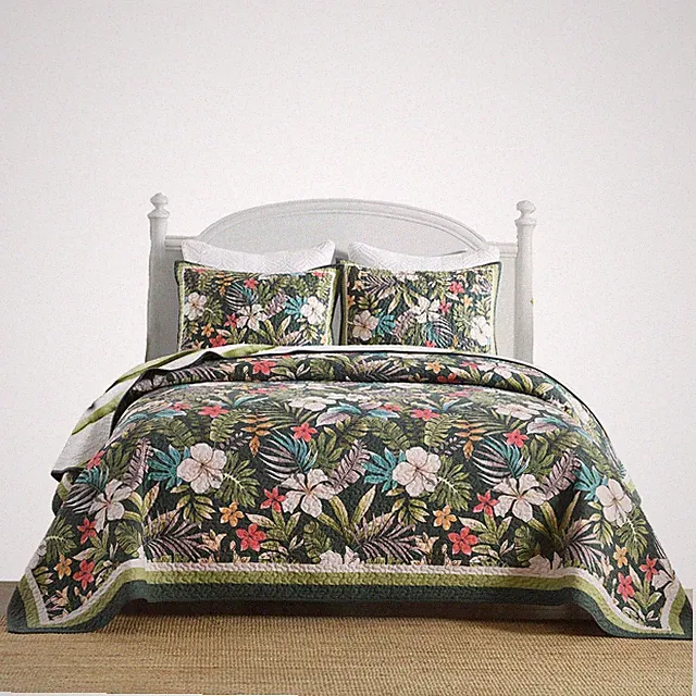 3-Piece Lightweight Polyester Tropical Leaf and Flower Quilt Bedspread Set BY223
