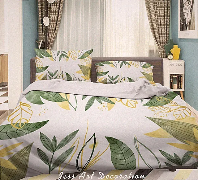 3D Leaves Pattern Green Golden Quilt Cover Set Bedding Sets Pillowcases 64