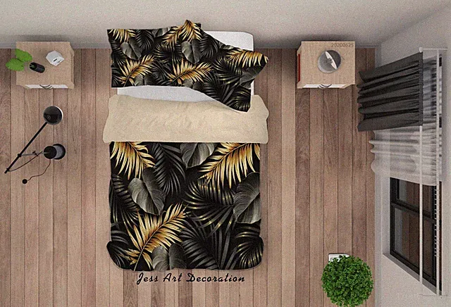 3D Tropical Leaves Dark Golden Green Quilt Cover Set Bedding Sets Pillowcases 64