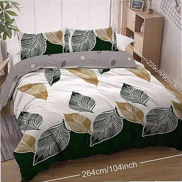 3PCS Green Gold Tropical Duvet Cover Set Botanical Palm Leaves Plant Queen King