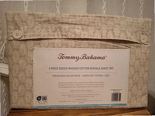 4pc Tommy Bahama Fronds Beige Palm Leaves QUEEN Sheet Set Tropical Hawaiian