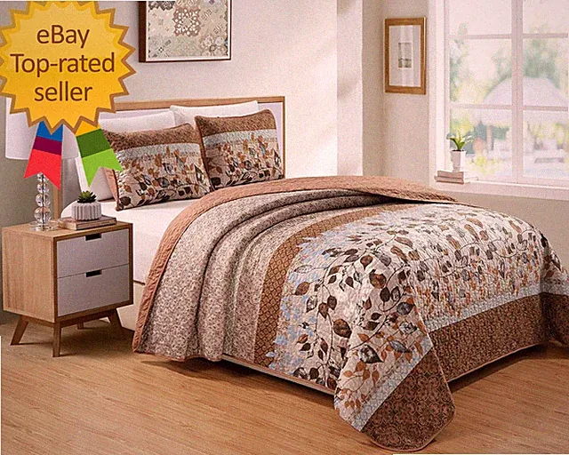 Bedspread Set Brown Tan Sky Blue Leaves White New (King/California King)