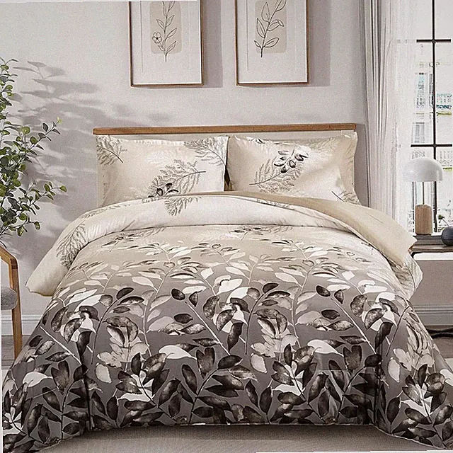Beige Brown Botanical Leaf King Comforter Set 3 Piece Bedding with Shams