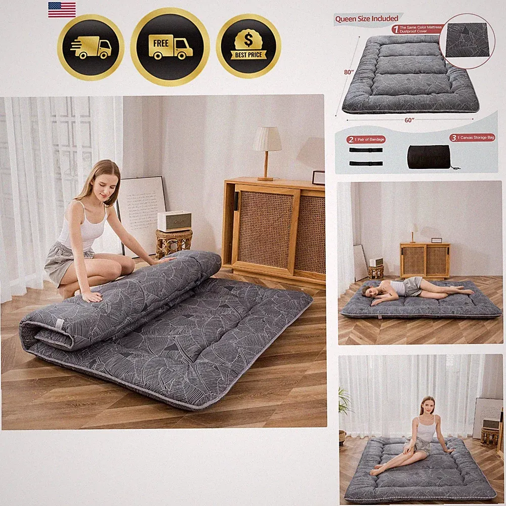 Black Leaf Printed Japanese Futon Floor Mattress, Thicken Sleeping Pad Floor...