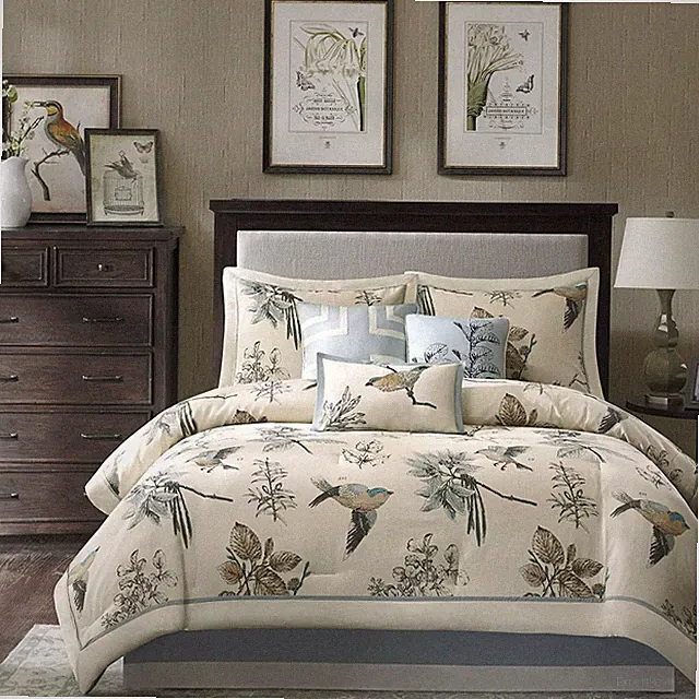 Blue Cream Birds Leaves Embroidered 7 pc Comforter Set Queen Cal King Bedding