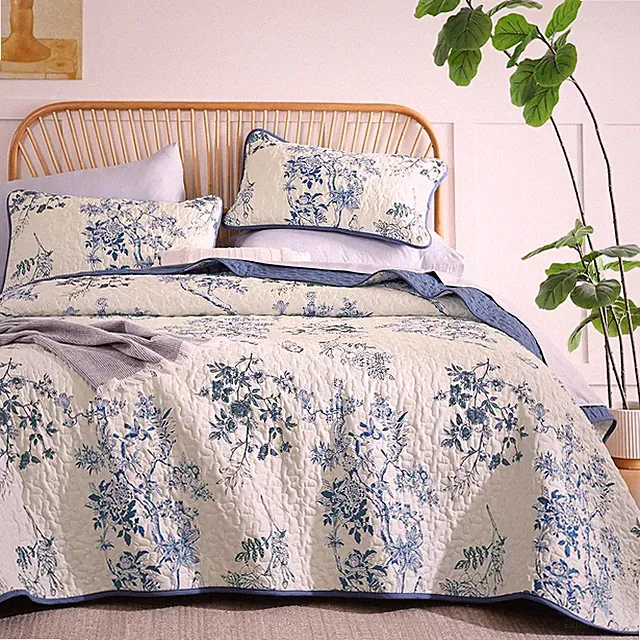 Blue Floral Quilt Set King,Botanical Leaf & Butterfly Pattern Bedspread Coverlet