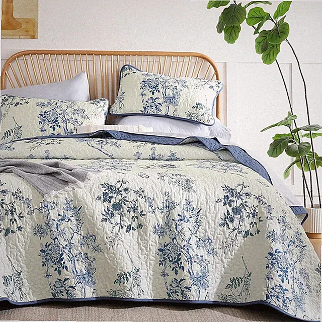 Blue Floral Quilt Set Queen,Botanical Leaf & Butterfly Pattern Quilts Bedspread