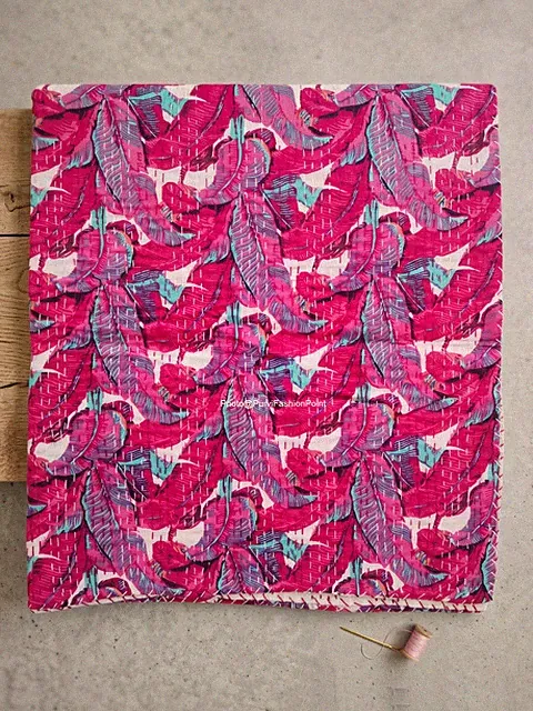 Bohemain Banana leaf Handmade printed cotton kantha quilt , bedspread throw