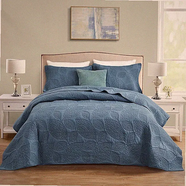 Botanical Cotton Quilt Queen Size - Real Stitching Leaf Pattern - Quilted Bedspr