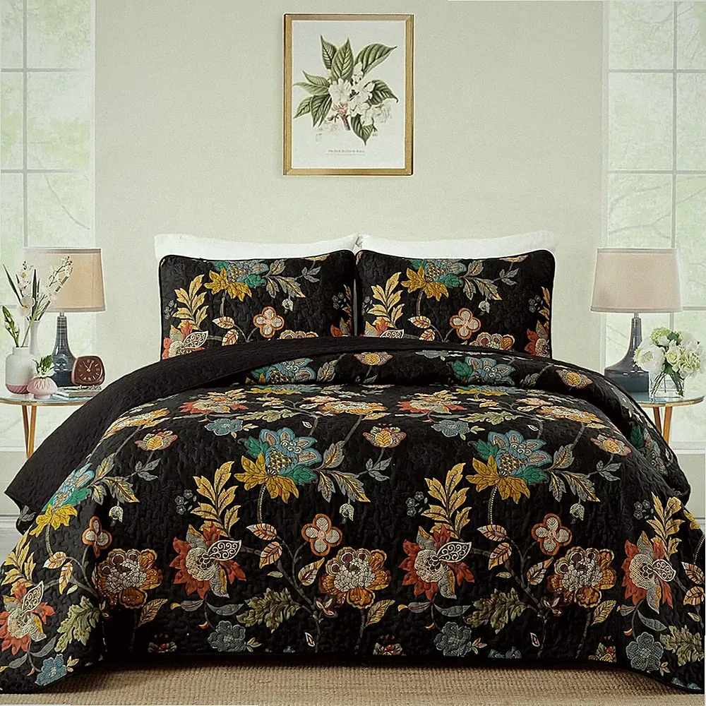 Botanical Queen King Quilt Bedding Sets 3-Pc Floral Pattern Microfiber Bedspread