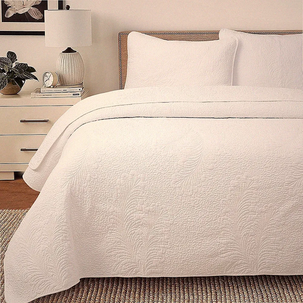 Classic Modern Palm Leaf Stitch Solid White 100% Cotton Quilt Bedding Set