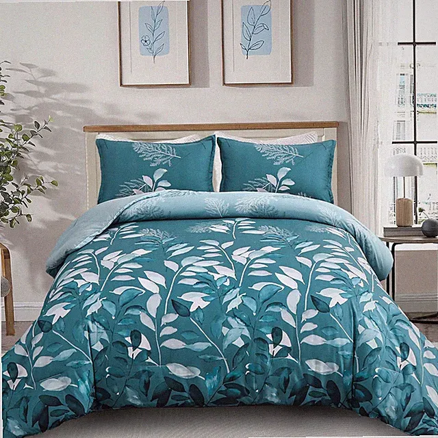 DJY Teal Botanical Comforter Set King, 3 Pieces Blue Leaves Comforter for King S