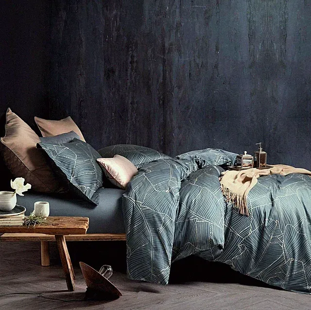 Eikei Mid century Modern Vintage Palm Leaf Blue Bedding Duvet Cover Set King
