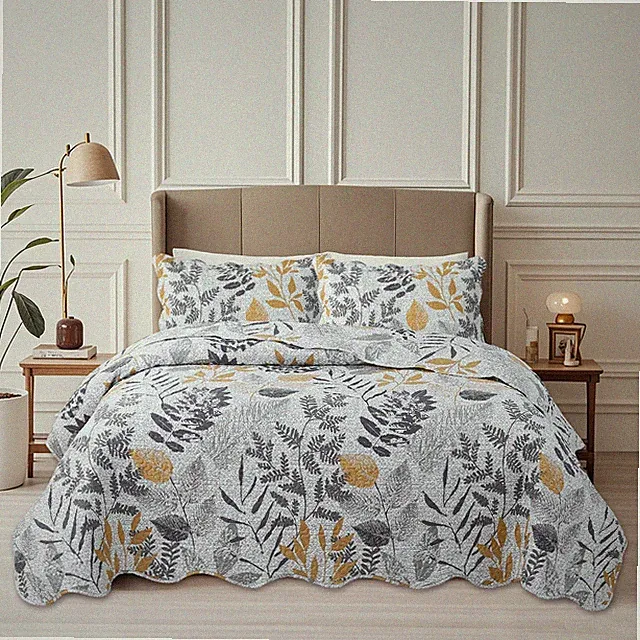 Embossed Pinsonic Bedspread Coverlet Printed Quilt Set Modern Grey Yellow Leaves