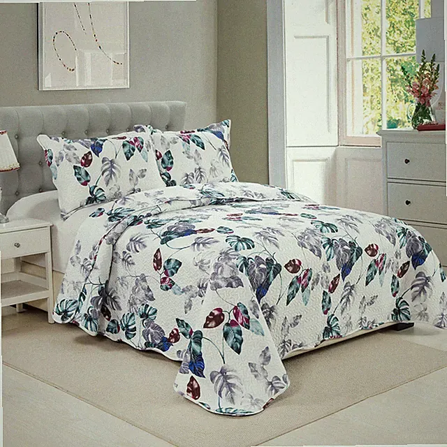 Embossed Pinsonic Printed Bedspread Coverlet Soft Quilt Set, Modern Green Leaves