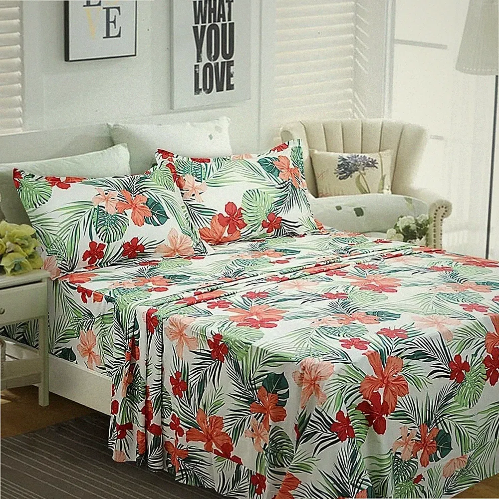 FADFAY Hawaiian Bedding Sheet Set Tropical Red Hibiscus Palm Leaves KING 4pcs