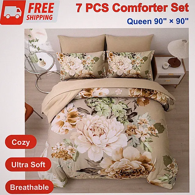 Floral Bed in a Bag 7 Piece Taupe Comforter Set Queen, Khaki Flower Green Leaves