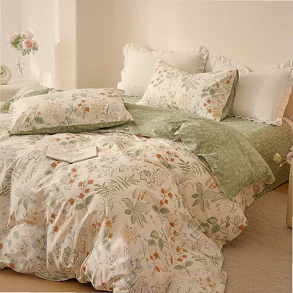 Floral Duvet Cover Queen Size Green Leaf Red Flower Printed on White Comforte...