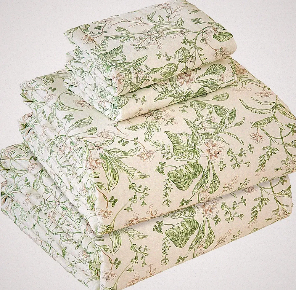 Floral Sheets Queen Size 100% Cotton Sage Green Botanical Leaf Toile Print Bed S