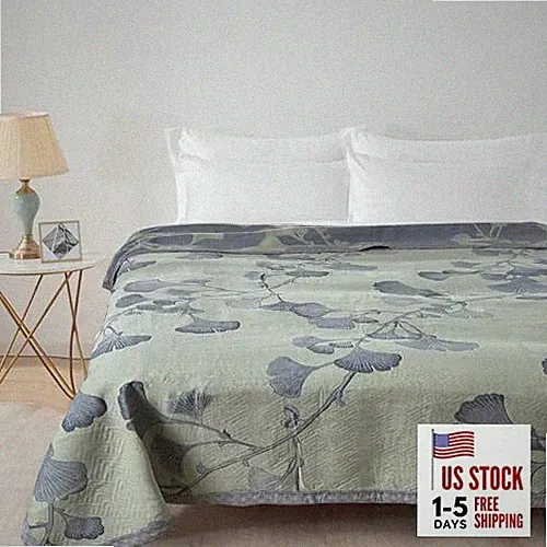 Ginkgo Leaf Cotton Quilt Gray Reversible Size Bedspread Coverlet for King Green