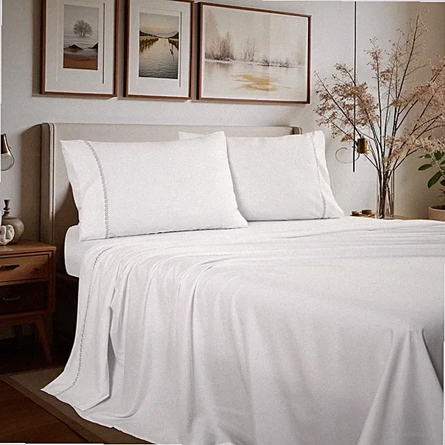 Green Leaves, Floral Embroidered Sheet Set - NEW - Twin - Full - Queen - King