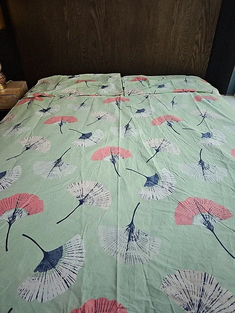 Ikea Tovsippa Green Ginko Leaf Fan Queen Full Duvet Cover + 2 Pillow Sham Cases