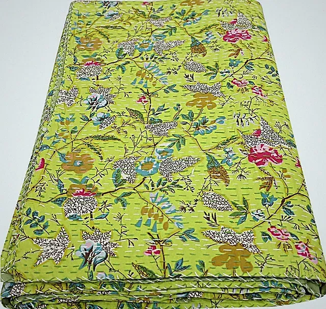 Indian Kantha Quilt Handmade Green Patchwork Leaf Print Bedspread Throw Blanket