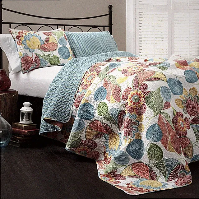Layla Quilt Floral Leaf Print 3 Piece Reversible Bedding Set