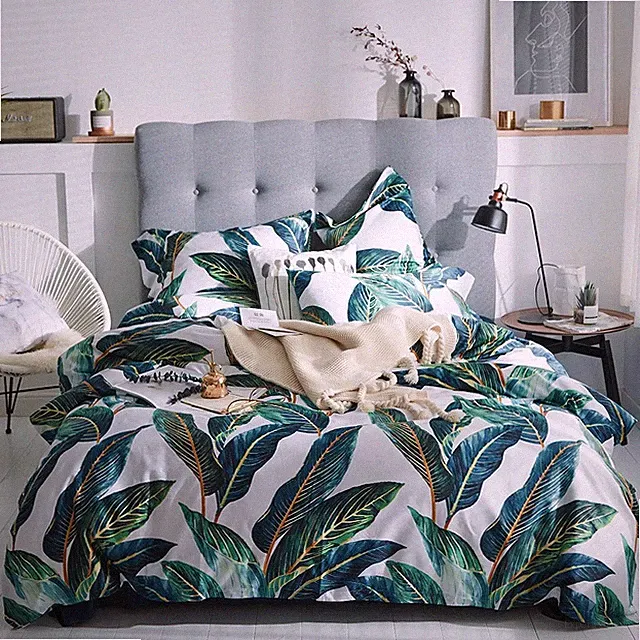 Leaves Duvet Cover Set Queen,3 Piece Soft Premium Cotton Green Tropical Palm...
