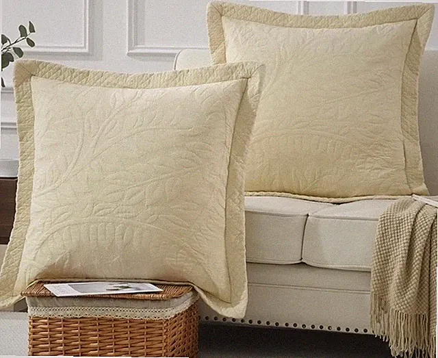 MarCielo 100% Cotton Quilted Leaf Pattern Euro Shams In Natural Beige Set/2