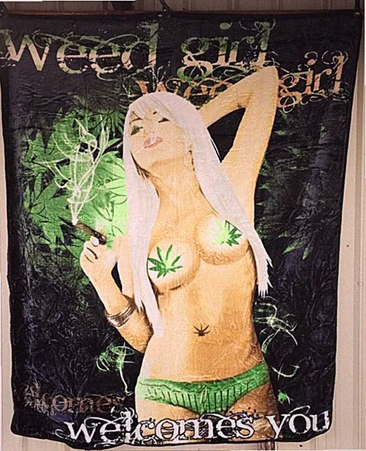 MARIJUANA LEAF LEAVES WEED GIRL WELCOMES YOU SEXY WOMAN QUEEN SIZE BLANKET