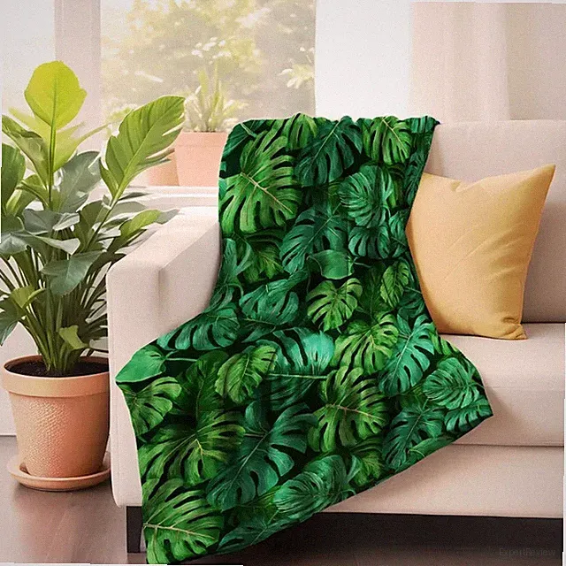 Monstera Tropical Leaf Fleece Blanket Modern Jungle Style