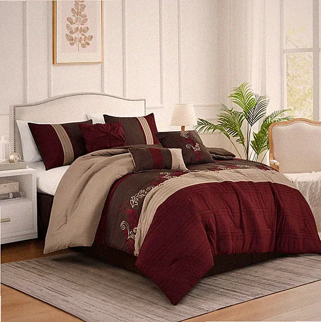 Napa 7Piece Luxury Leaves Scroll Embroidery Bedding Comforter Set Full, Burgu...