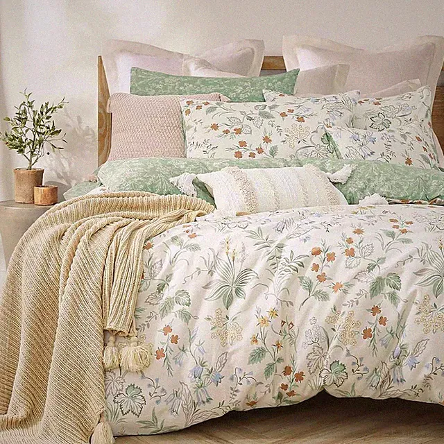 Natural Cotton 3pcs Botanical Comforter Sets Queen Size-Green Comforter with...