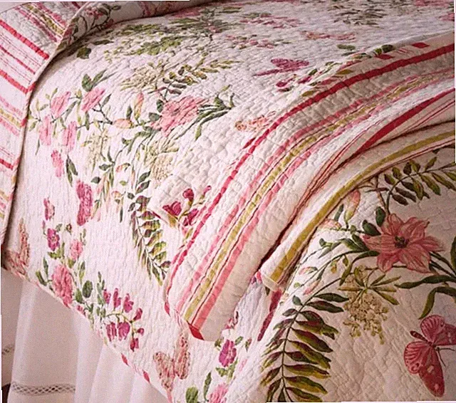 NEW! ~ COZY CHIC ELEGANT TROPICAL IVORY VINE RED PINK ROSE GREEN LEAF QUILT SET
