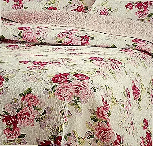 NEW! ~ COZY ELEGANT ROMANTIC SHABBY PINK ROSE PURPLE WHITE GREEN LEAF QUILT SET