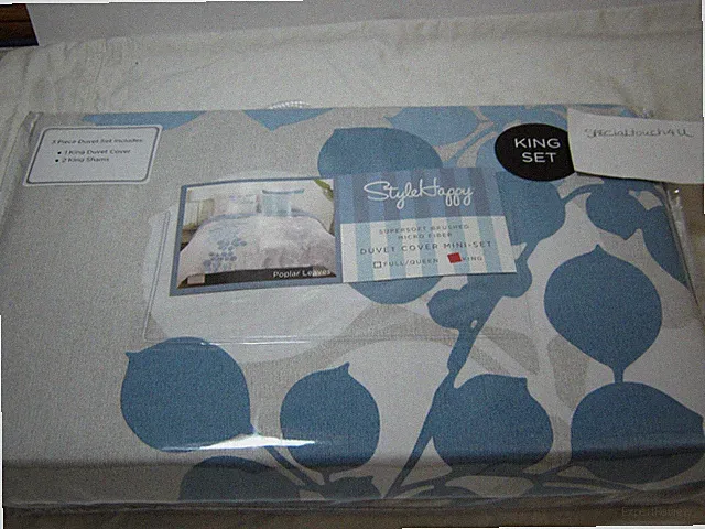 NEW STYLE HAPPY Poplar Leaves King DUVET COVER & Shams Set Blue Grey Ivory 3pcs