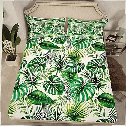 Palm Leaves Bed Sheet Set Hawaiian Fitted Sheet Full(54"x75") Multi 105