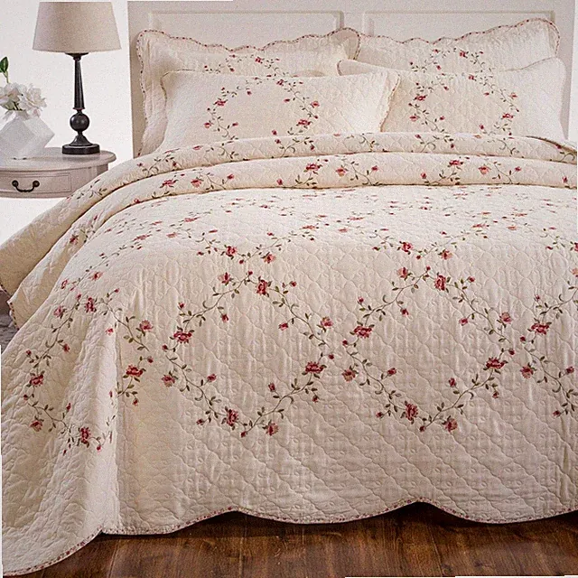 Quilt Set Floral Leaves 3D Embroidery Pattern 3 PCS Cotton Reversible Quilted...