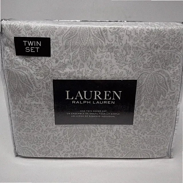 Ralph Lauren Light Gray Floral Leaf Motif Twin Sheet Set - New