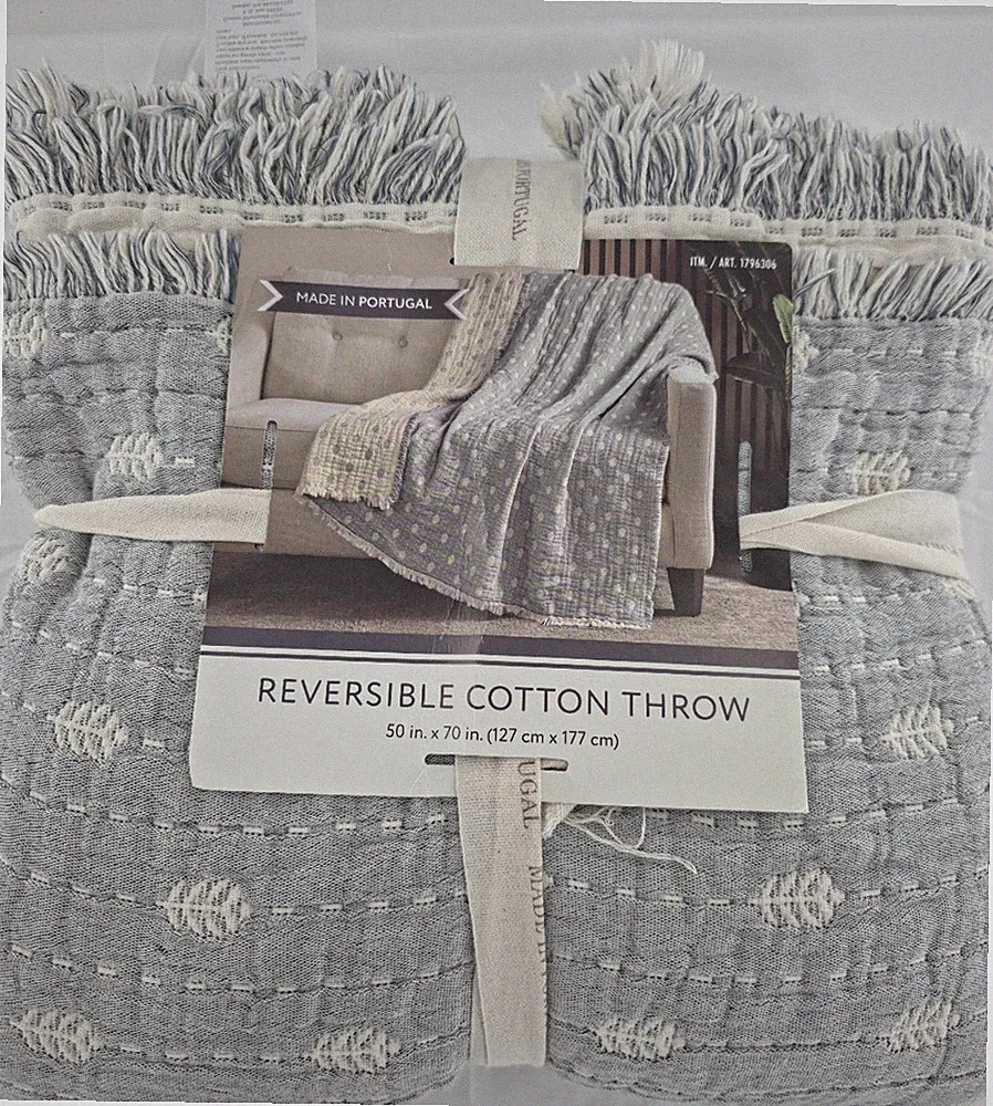 Reversible Cotton Throw Blanket Gray/White Leaf Fringed 50x70in