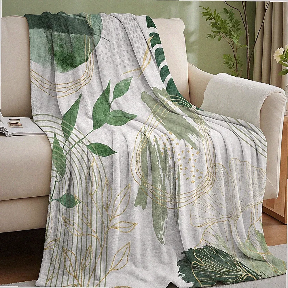 Sage Green Leaf Throw Blanket Boho Flannel Sofa Bed Couch Blanket 50x60
