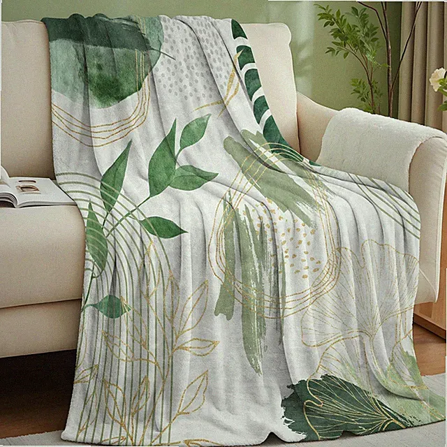 Sage Green Leaf Throw Blanket Mid-Century Green and Gold Boho Flannel Blanket...