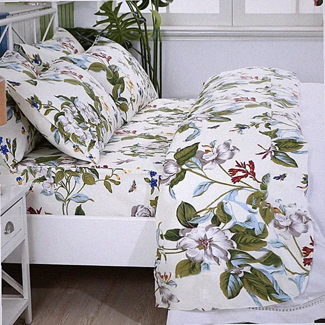 Shabby Floral Sheets King 100% Cotton 600 TC White Flower and Green Leaves Beddi