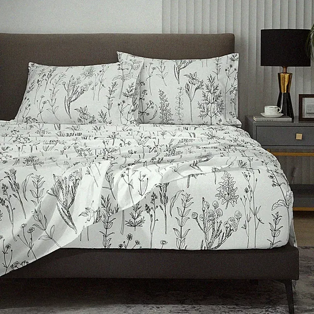 Soft Breathable Queen Bed Sheets, Floral Leaf Pattern, 1800 Thread Count, White