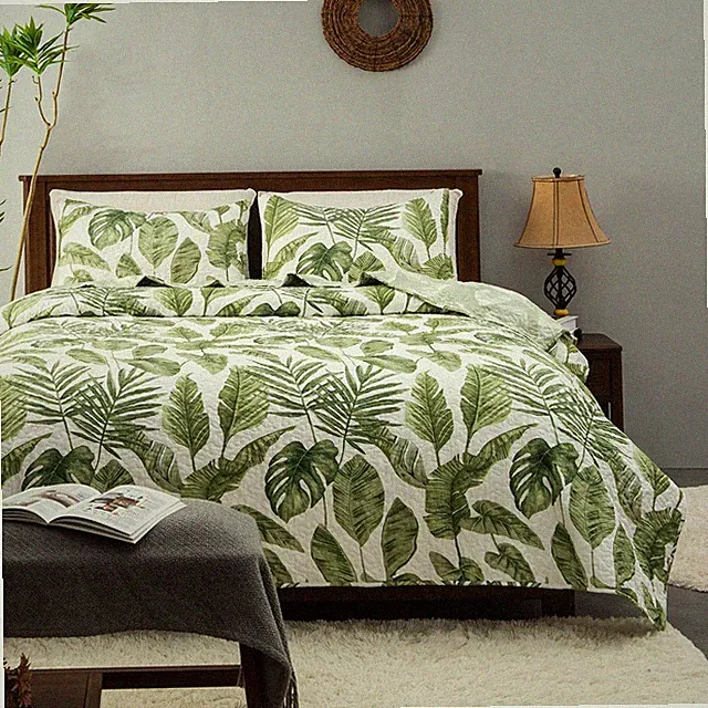 Tropical Plants Quilt Set Queen Size 3 Pieces, Green Palm Leaves Rainforest S...