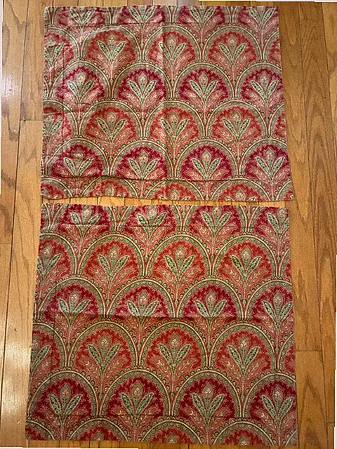 Two POTTERY BARN PILLOW SHAMS Standard Square MARCELLE RED Jacobean Green Leaf