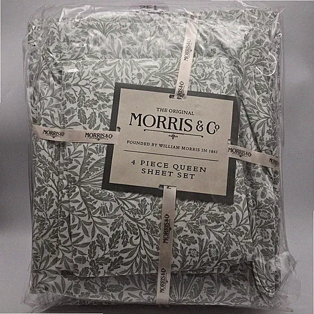 William Morris & Co Queen Green White Leaves Acorns Leaf Sheet Set 4Pc Cotton