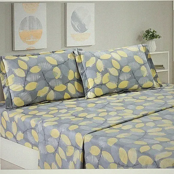 Woodgrove Yellow Green Leaf 100% Cotton Sheet Set with Pillowcase Queen